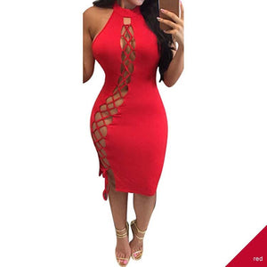 Womens Halter Hollow Out Lace Up Bodycon Bandage Club Dress