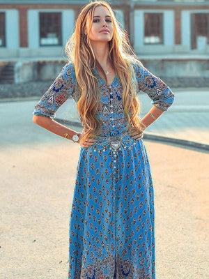 Pretty Bohemia Floral V Neck Half Sleeve Front Split Maxi Dress