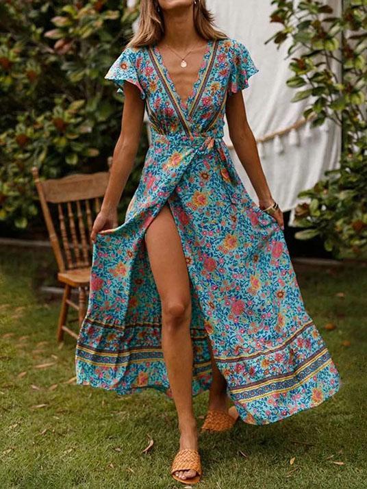 Bohemia V-neck Printed Beach Maxi Dresses