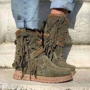 Vintage Tassel Stone-Washed Boots