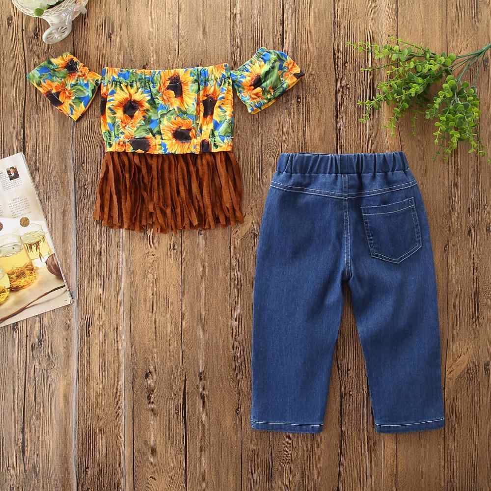 Sunflower Off Shoulder Tassel Crop T-shirt + Denim Hole Pants Jeans