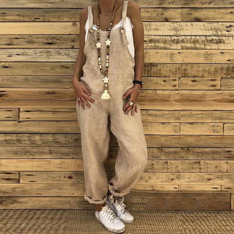 Strappy Dungarees Vintage Cotton Linen Loose  Harem Overalls Rompers Jumpsuits