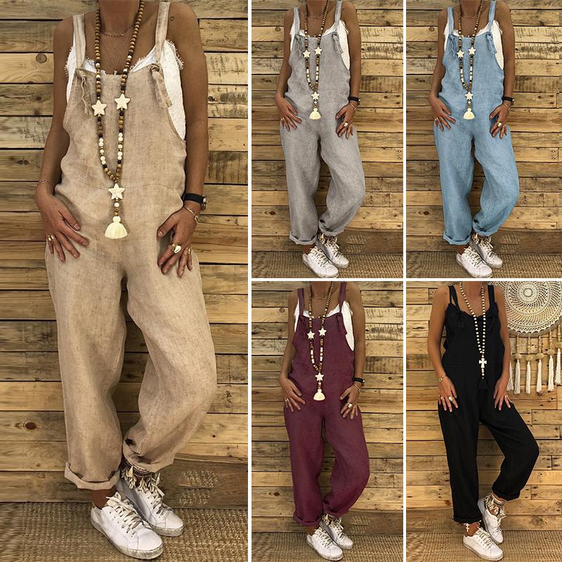 Strappy Dungarees Vintage Cotton Linen Loose  Harem Overalls Rompers Jumpsuits