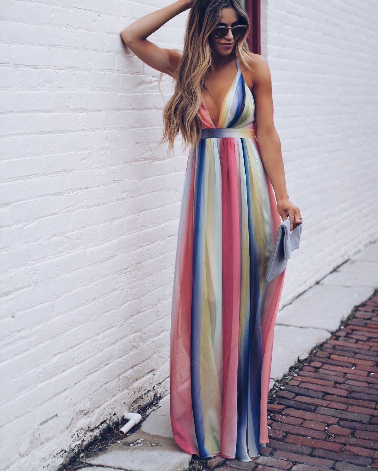 Spaghetti Strap Stripe Bohemian Printed Halter V-neck Rainbow Maxi Dresses