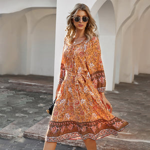 Fashion bohemian style printed dress with 7-point sleeves