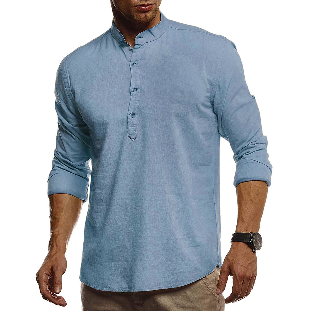 Fashion European and American men's cotton and linen solid color pullover stand collar white shirt