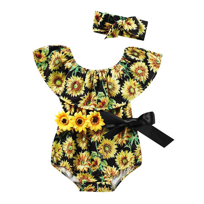 2020 Sunflower Baby Bodysuit Cute Belt Headband Outfit