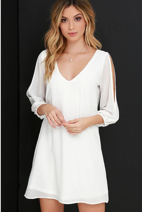 Women Fashion Sexy V-neck 3/4 Sleeves Chiffon Dress