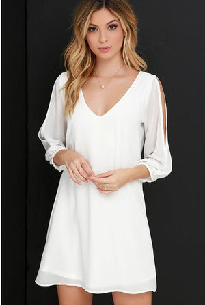 Women Fashion Sexy V-neck 3/4 Sleeves Chiffon Dress