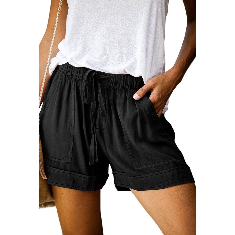Women Drawstring Elastic Waist Comfy Pure Color Shorts with Pockets