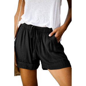 Women Drawstring Elastic Waist Comfy Pure Color Shorts with Pockets