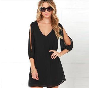 Women Fashion Sexy V-neck 3/4 Sleeves Chiffon Dress