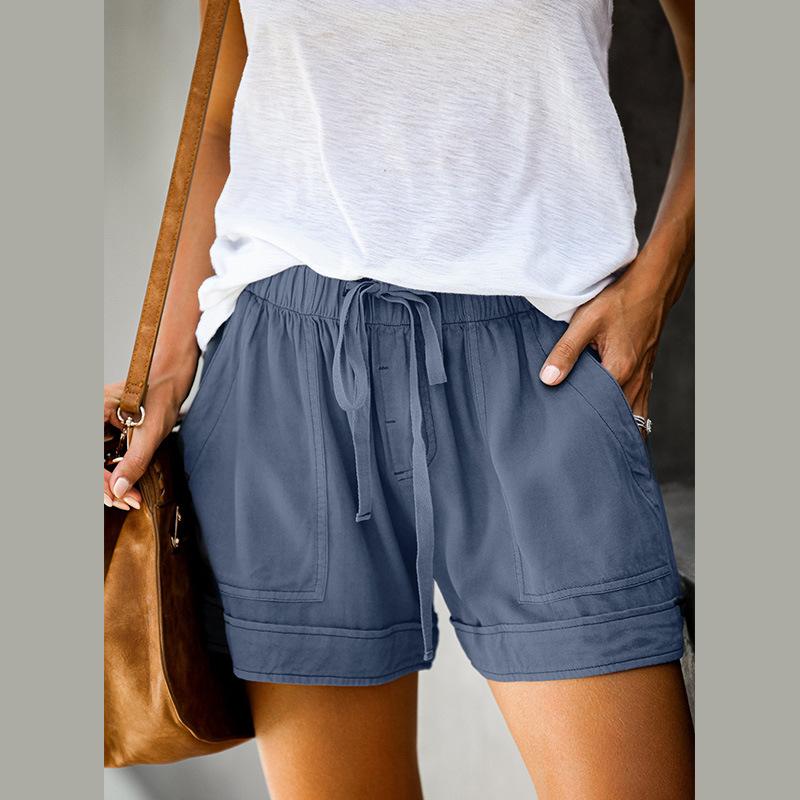 Women Drawstring Elastic Waist Comfy Pure Color Shorts with Pockets