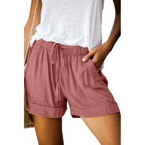 Women Drawstring Elastic Waist Comfy Pure Color Shorts with Pockets