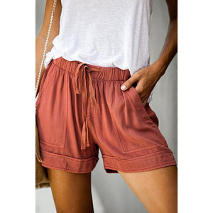 Women Drawstring Elastic Waist Comfy Pure Color Shorts with Pockets