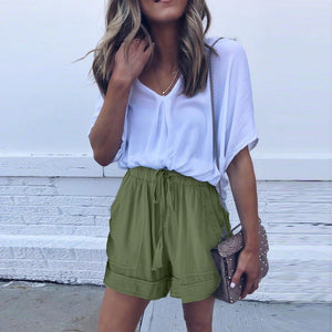 Women Drawstring Elastic Waist Comfy Pure Color Shorts with Pockets