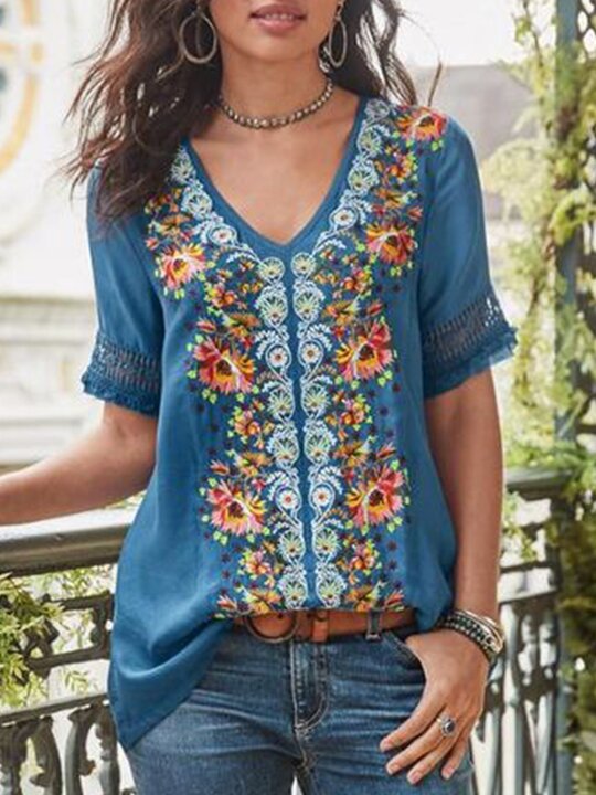 Short Sleeve Cotton-Blend Patchwork V Neck Shirts & Tops