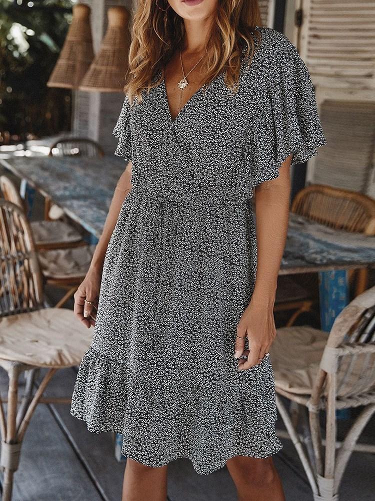 V-Neck Above Knee Short Sleeve Pullover Floral Dress