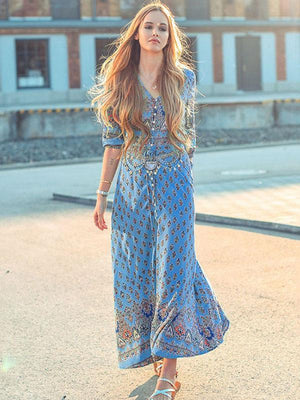 Pretty Bohemia Floral V Neck Half Sleeve Front Split Maxi Dress