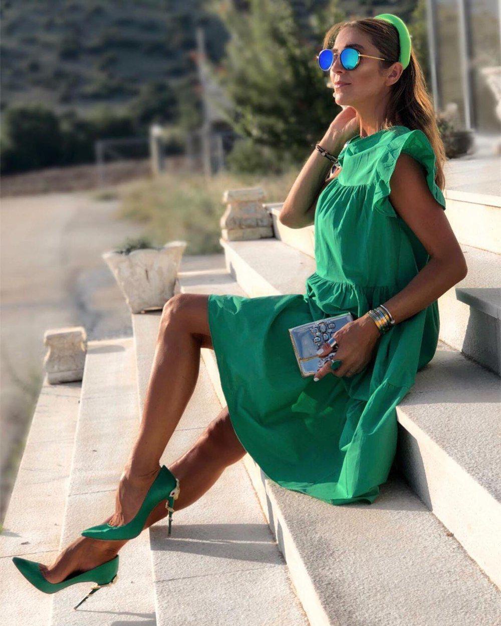 Bekzy Ruched Short Sleeve Loose Green Midi Dress