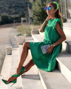 Bekzy Ruched Short Sleeve Loose Green Midi Dress