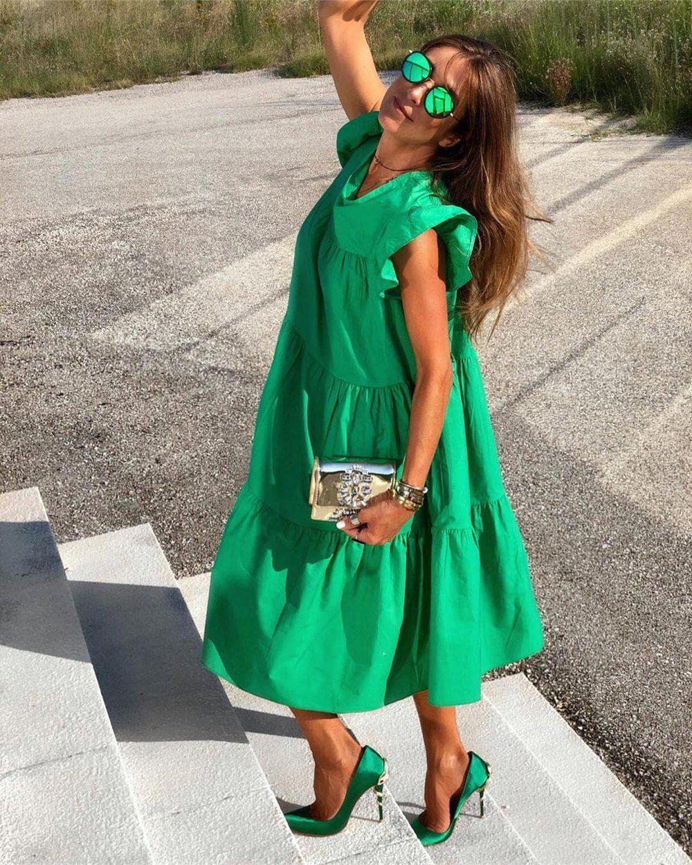 Bekzy Ruched Short Sleeve Loose Green Midi Dress