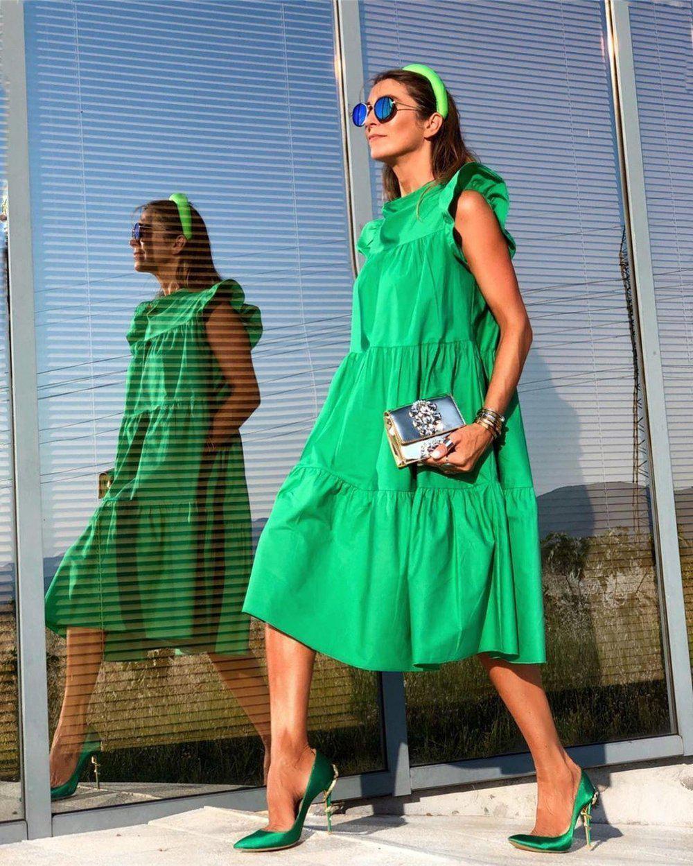 Bekzy Ruched Short Sleeve Loose Green Midi Dress